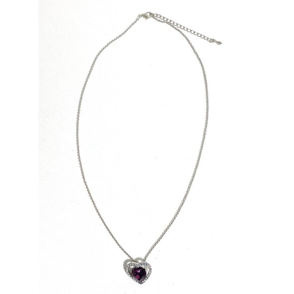 Purple Rhinestone Heart Pendant Necklace Silver Tone Dainty Chain Birthstone - Picture 4 of 7